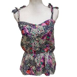 Myne 100% silk multi color print tank blouse with tie straps buttons in front 2